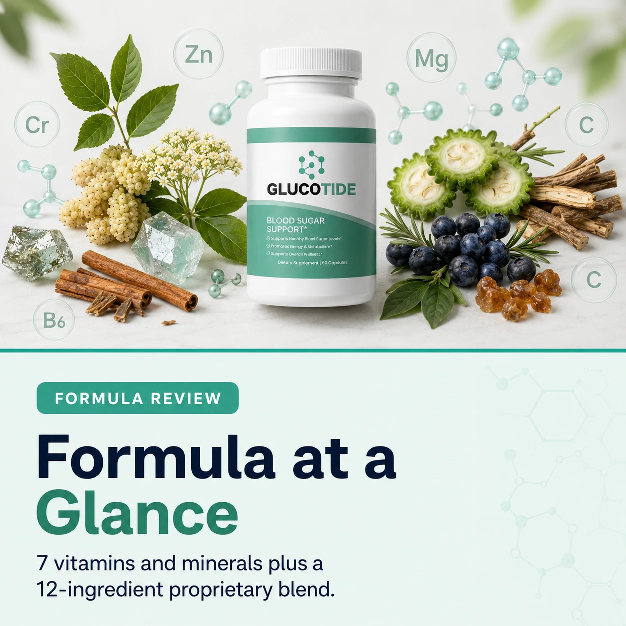 GlucoTide formula ingredients at a glance — chromium, cinnamon, bitter melon, and more